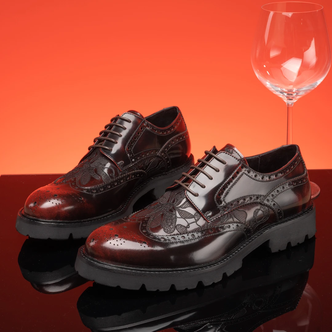 Roberta诺贝达复古商务正装鞋渐变擦色布洛克雕花手工刺绣德比鞋