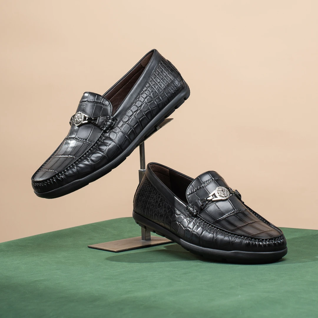 Roberta诺贝达男士商务休闲皮鞋鳄鱼纹套脚豆豆鞋XL底一脚蹬皮鞋