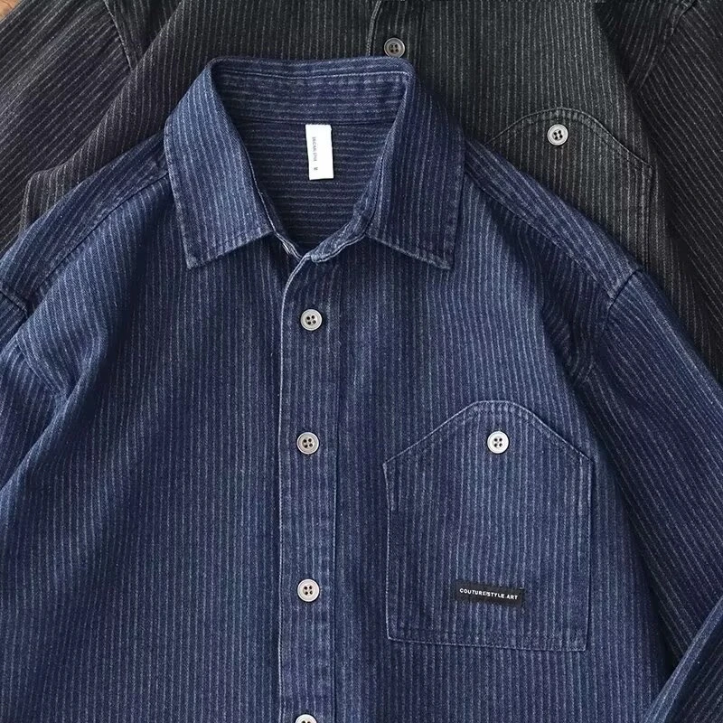 港风工装多口袋立体剪裁衬衫夹克条纹牛仔衣2024秋冬季新款小众男