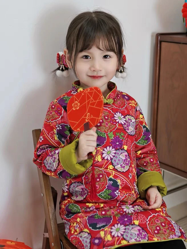 豆蔻【如意团扇】女童秋冬夹棉旗袍裙 百搭国风童装新年拜年服棉袄