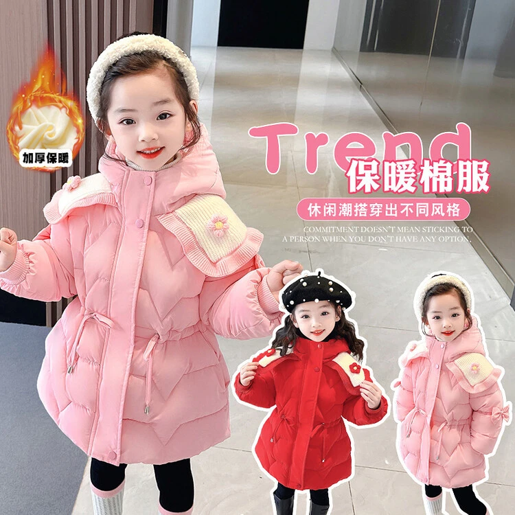 保暖女童棉服秋冬新款儿童冬季花朵洋气宝宝加绒加厚连帽棉衣外套