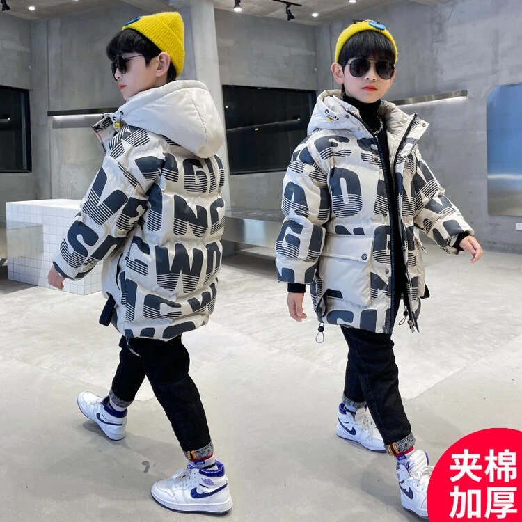 新款男童棉衣帅气中长款休闲连帽棉袄冬装加厚保暖儿童棉服潮
