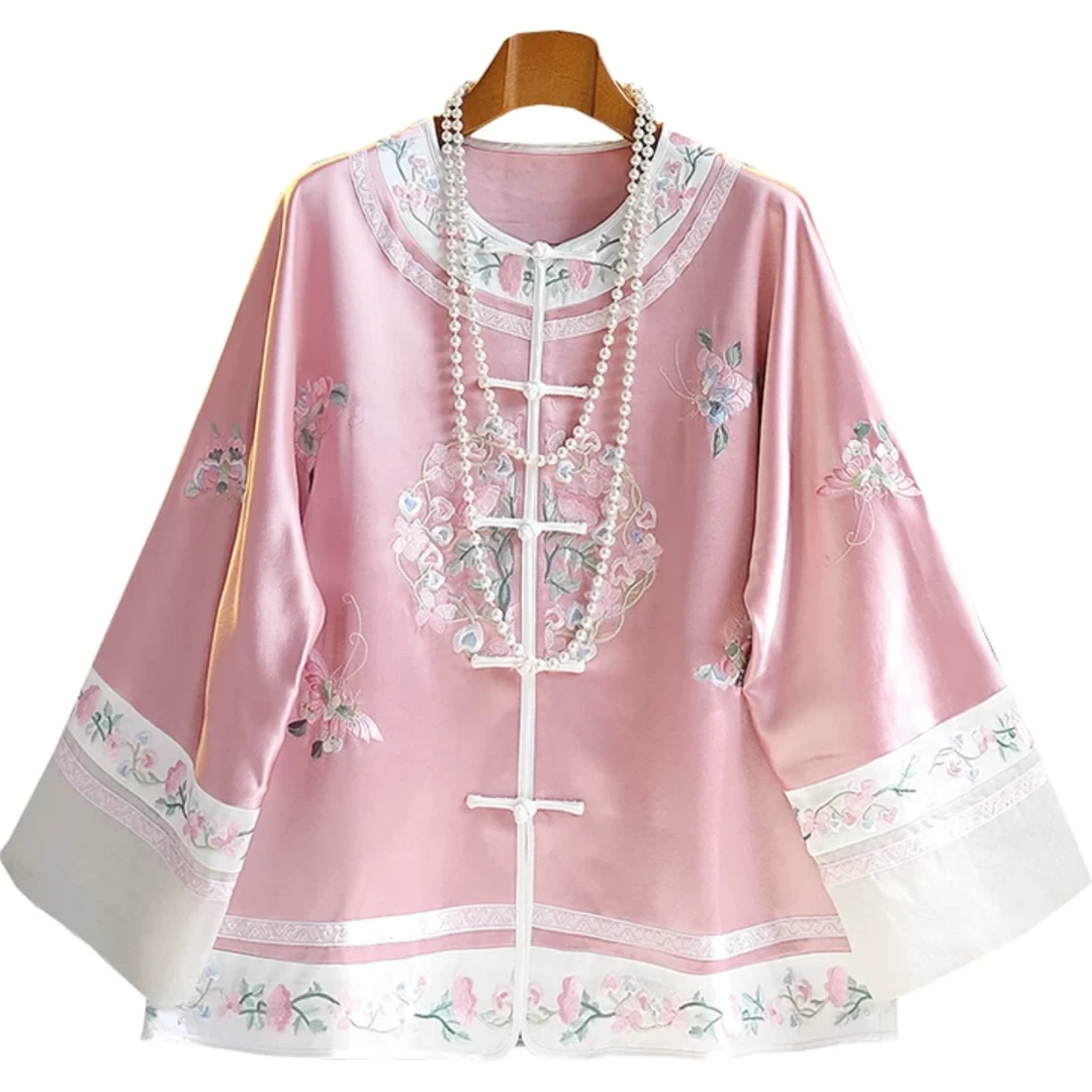 粉色年轻款三醋酸国风短外套女春复古刺绣盘扣改良新中式唐装