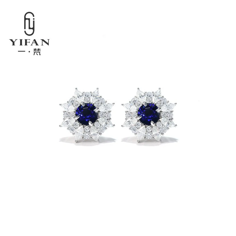 一梵 925银合成锆石耳饰 3141-设计师款经典豪华蓝点八芒星耳钉女