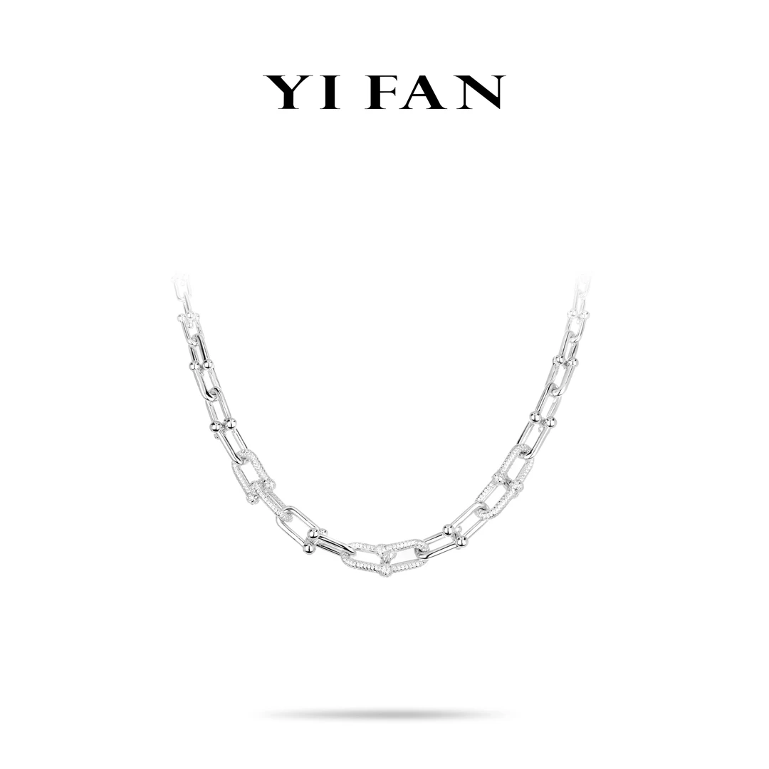 坠链均925银合成锆石 白色环环相扣豪镶百搭项链