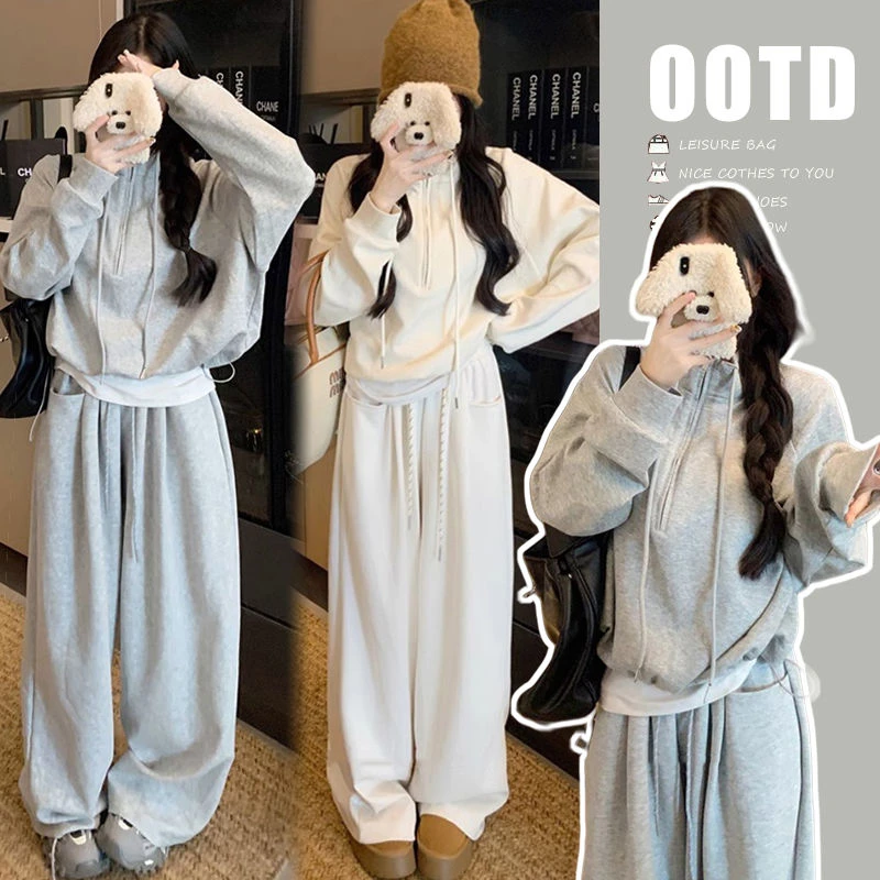 慵懒风休闲套装女秋季新款高腰显瘦阔腿裤设计感松弛感卫衣两件套