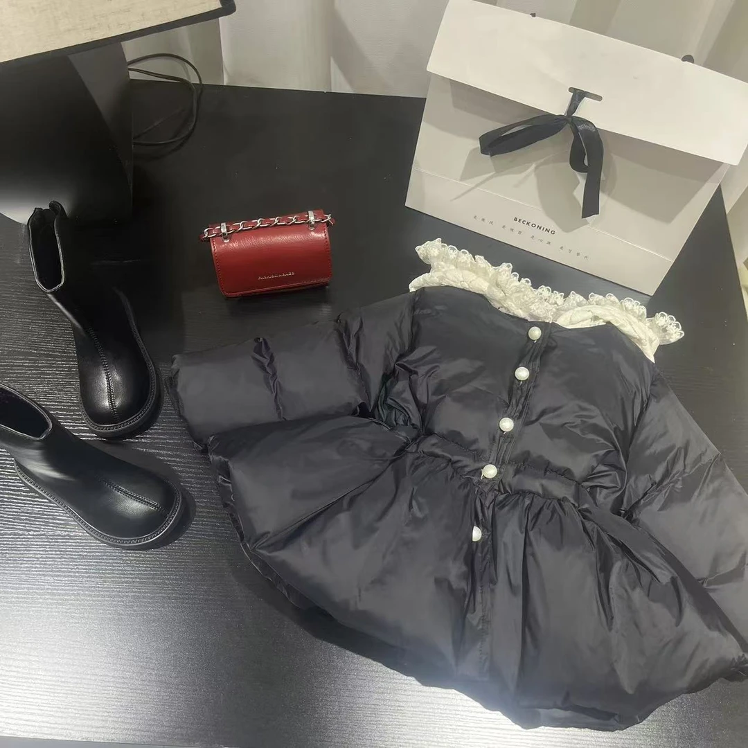 【3黑 】2024秋冬新款白色花边连帽加厚棉服外套