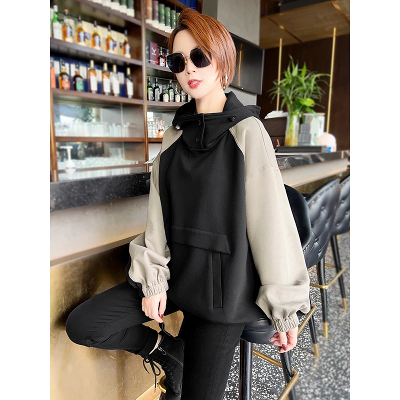 330014复古拼接连帽卫衣女2023抽绳宽松时尚外套23091212