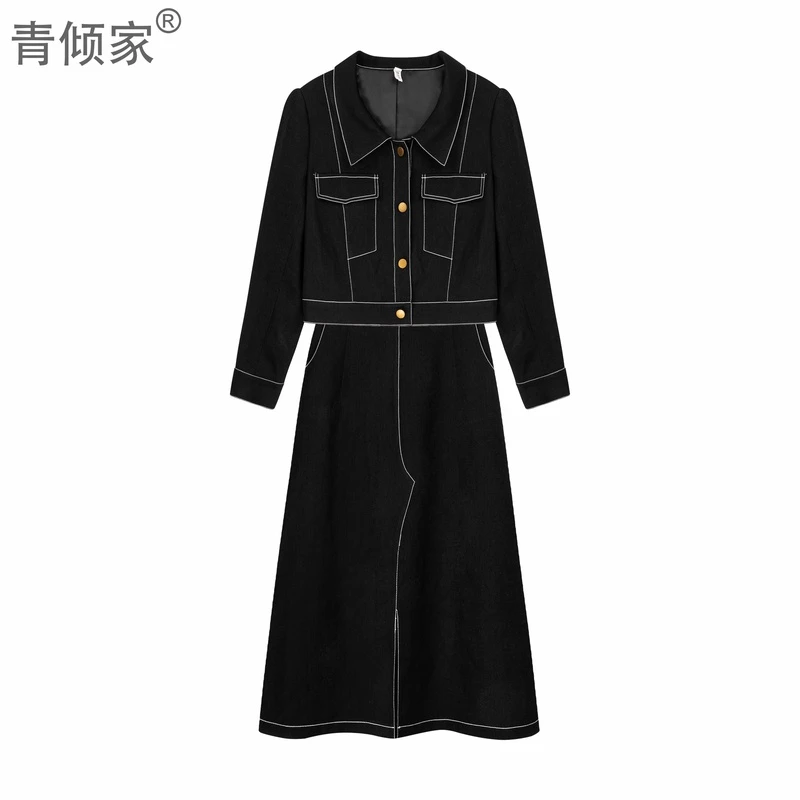 青倾家【日落海港】秋季时尚韩版西装长袖拼接半身裙两件套裙女装