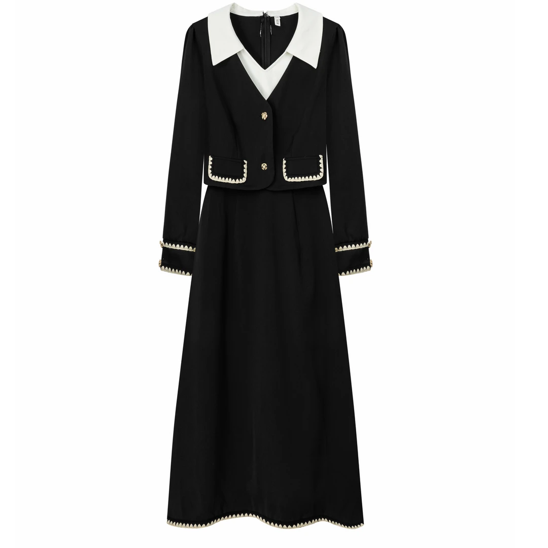 青倾家【莱茵河畔】复古法式赫本风气质显瘦百搭优雅假两件连衣裙