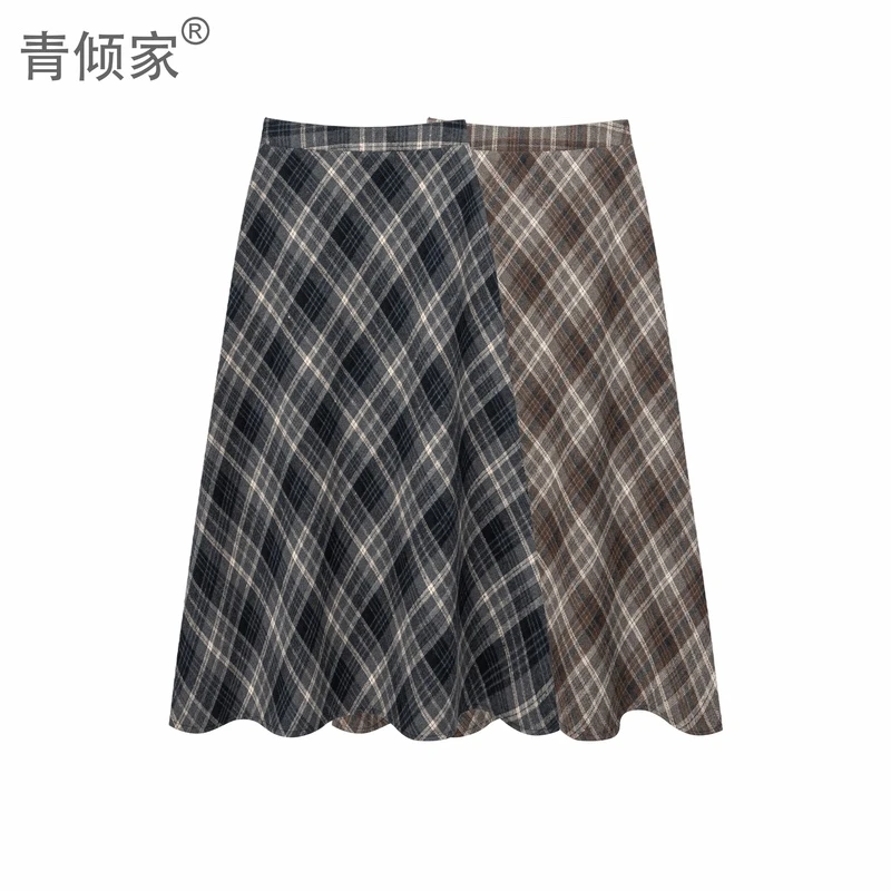复古格纹半身裙女2023秋冬中长款A字裙【青倾家】