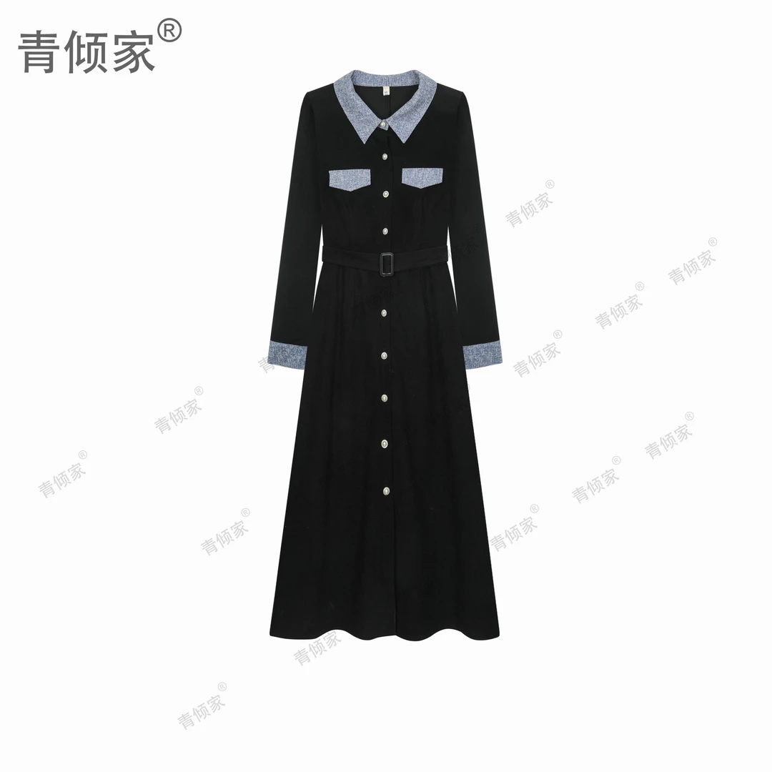 青倾家【首尔画报】新款收腰显瘦气质中长款小香赫本风复古丝绒裙