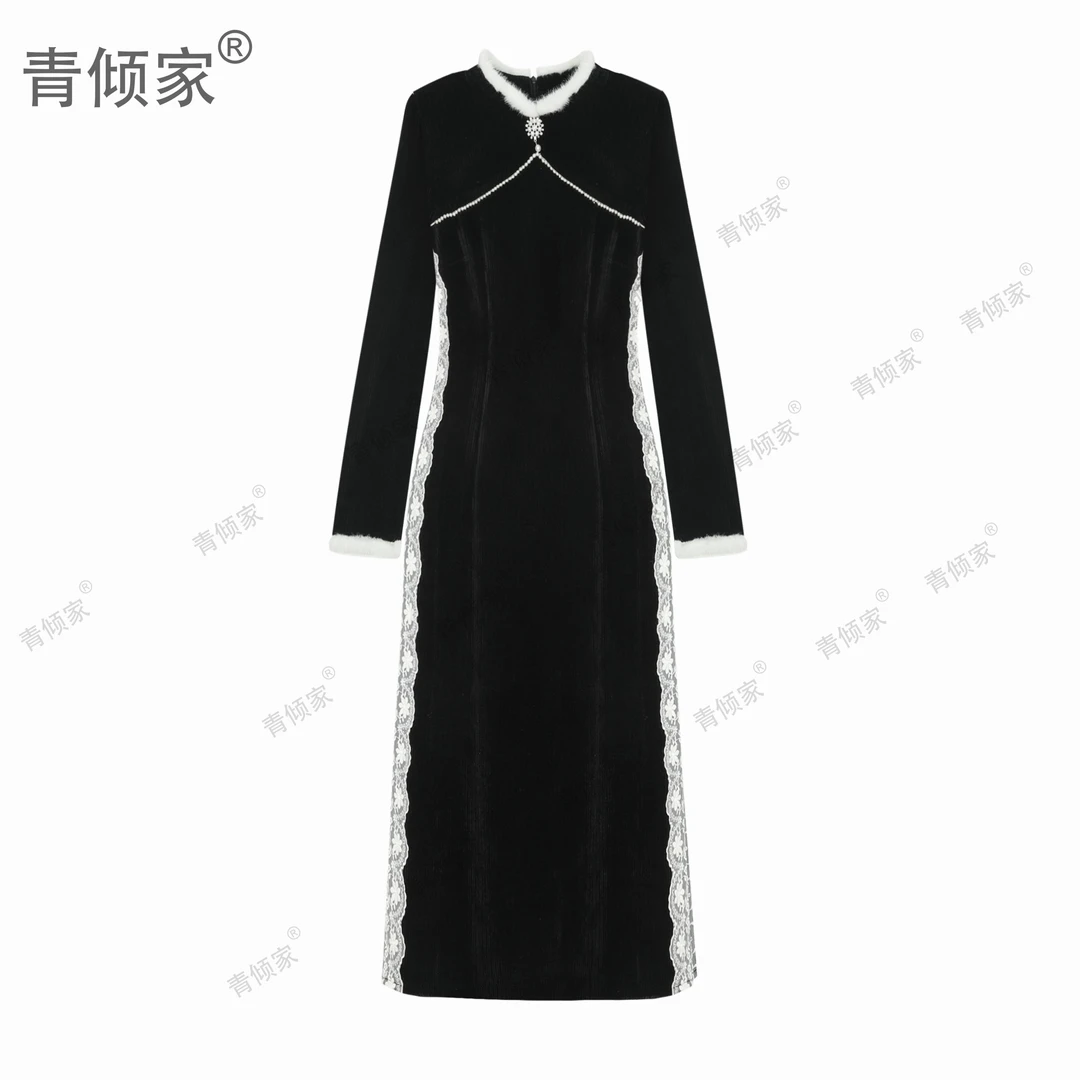 青倾家【冬日雪媚娘】秋冬季民国千金加绒加厚年轻款黑色旗袍裙
