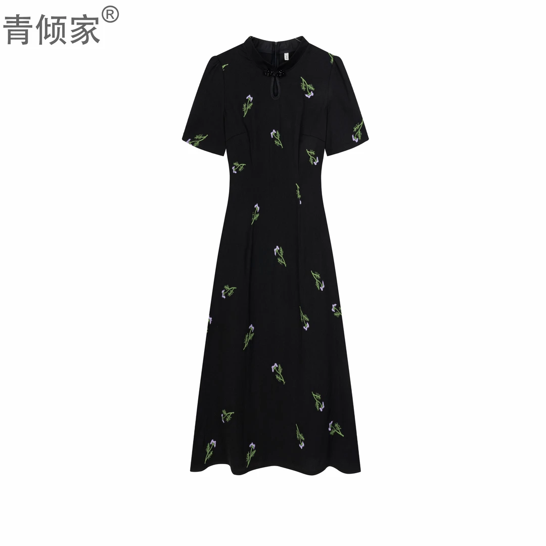 青倾家【梦游仙境】夏季中式黑色收腰花朵显瘦旗袍打底衫连衣裙