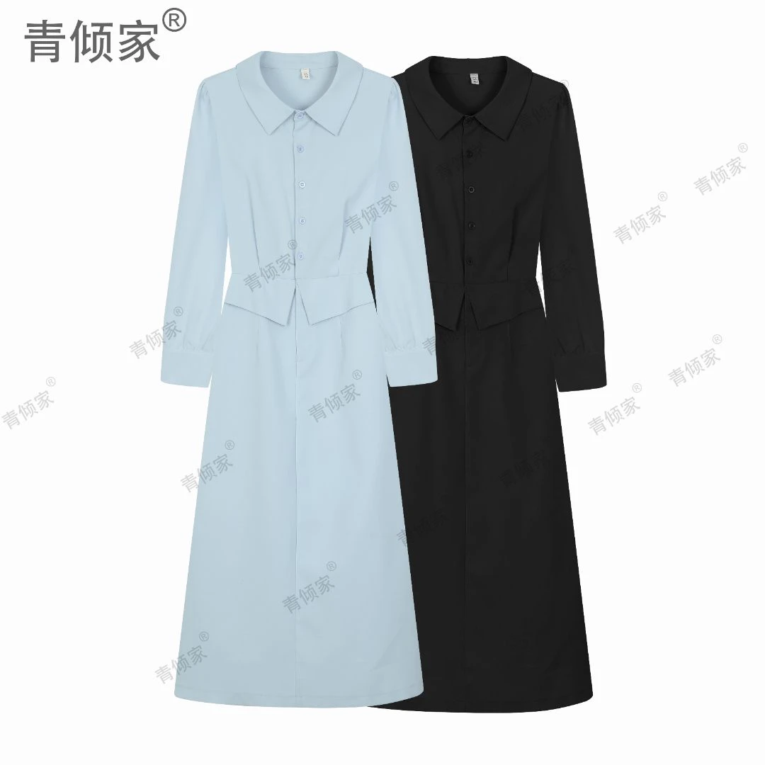 青倾家【洱海恋人】春季气质polo领衬衫小众设计收腰假两件衬衣裙