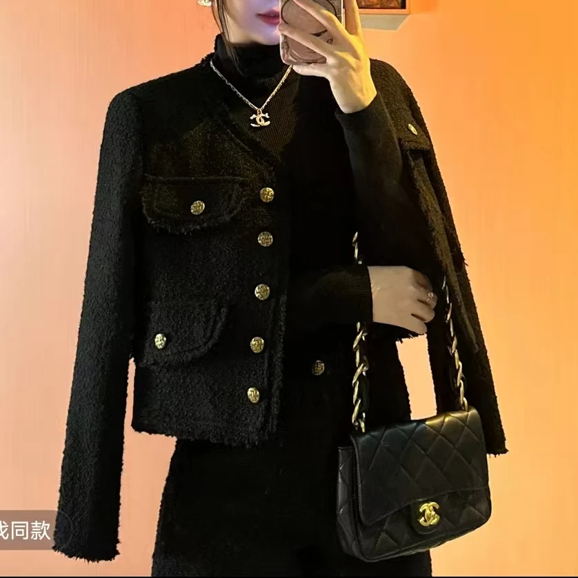 小香风加棉外套秋冬气质轻奢短款时尚百搭黑色法式设计师