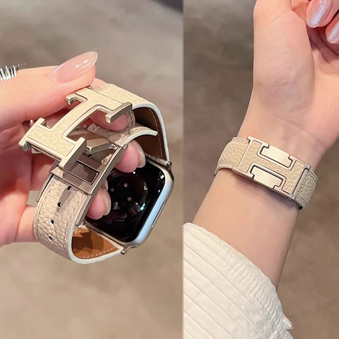 苹果手表表带柔软荔枝纹磁吸H扣真皮适用于applewatchs10iwatchs9