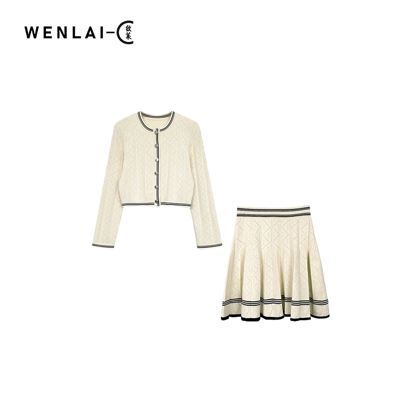 WENLAI-2024新款小香风针织开衫短裙套装百搭半身裙两件套-323