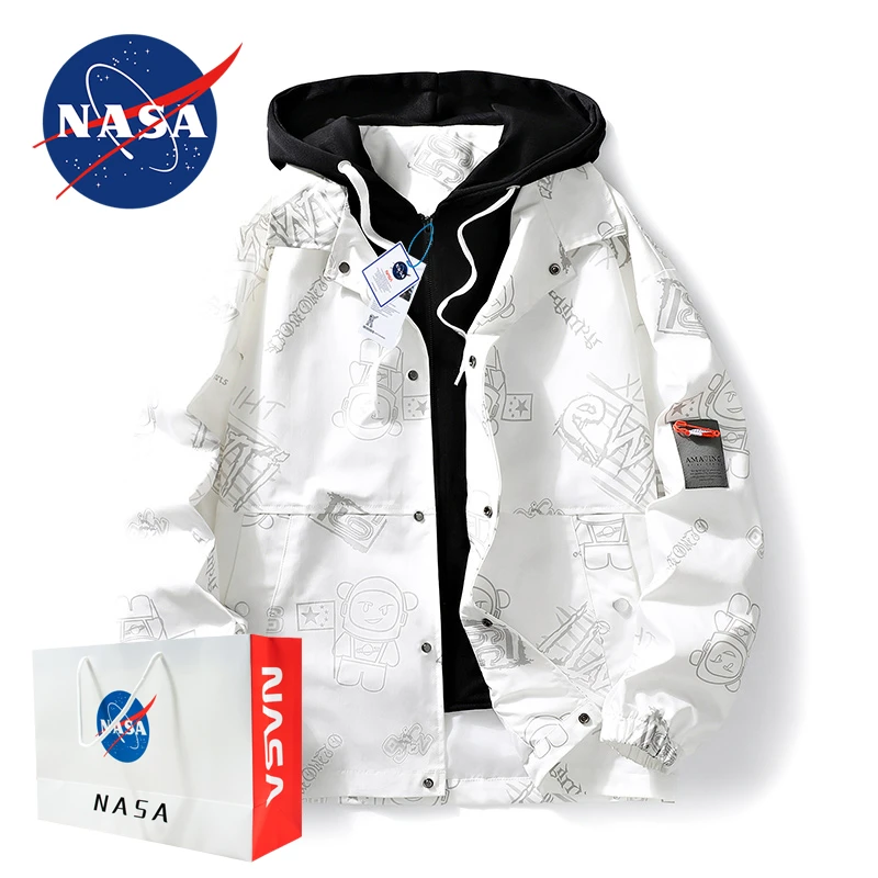 NASA联名假两件连帽外套男夹克秋季新款青少年港风潮牌宽松上衣潮