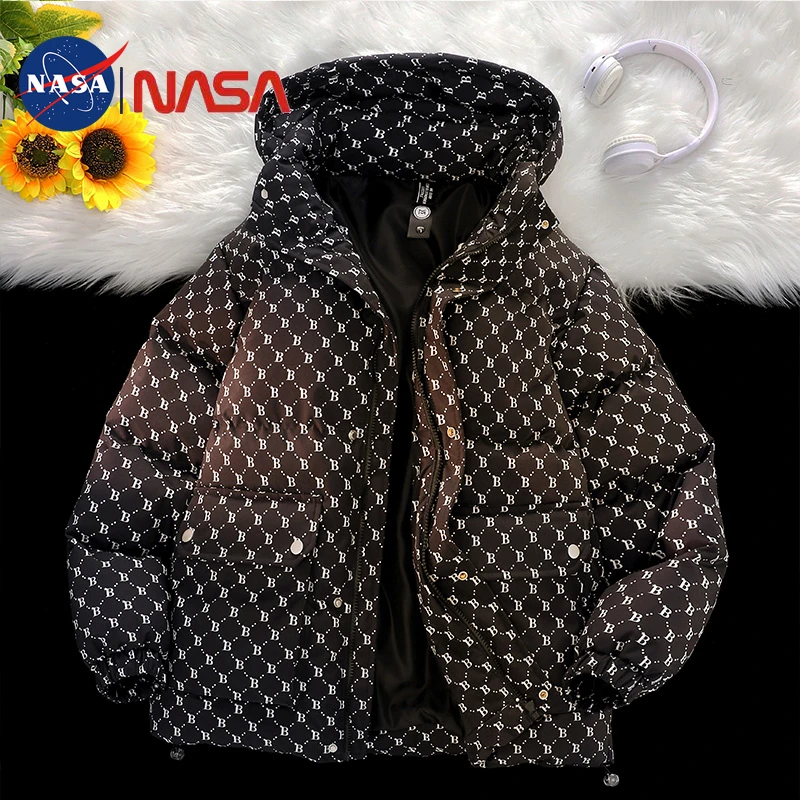 NASA联名潮牌连帽棉衣外套男款冬季加厚保暖情侣款字母面包服百搭