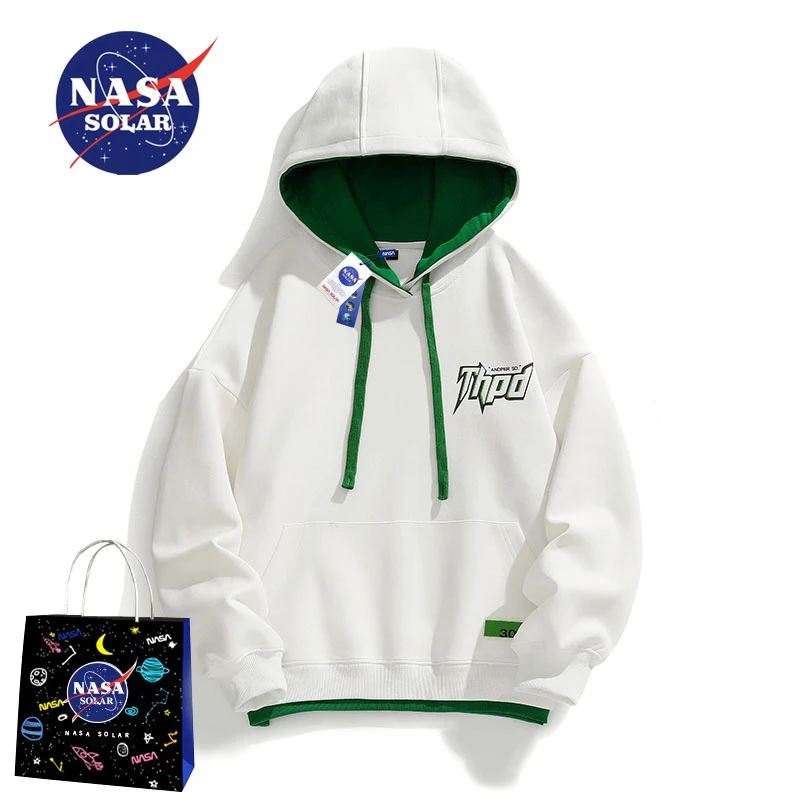 NASA SOLAR假两件连帽卫衣男秋季新款男生潮牌宽松印花情侣款上衣