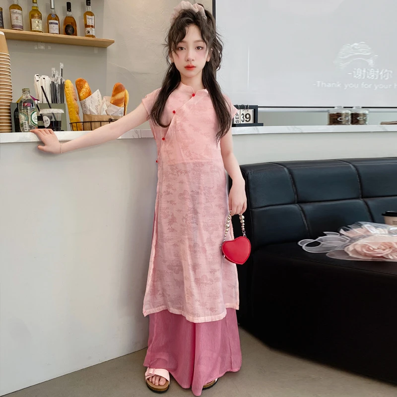 女大童夏装新中式旗袍套装2025新款韩版女孩洋气时髦阔腿裤两件套