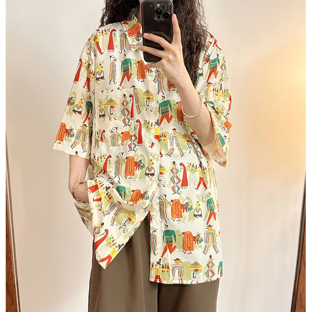 2025夏季新款学院慵懒风满印个性趣味花短袖衬衫上衣女休闲外穿潮