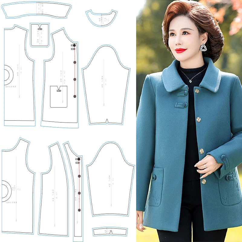 115服装裁剪纸样做衣服图纸春秋毛呢外套妈妈装方领上衣打版图纸