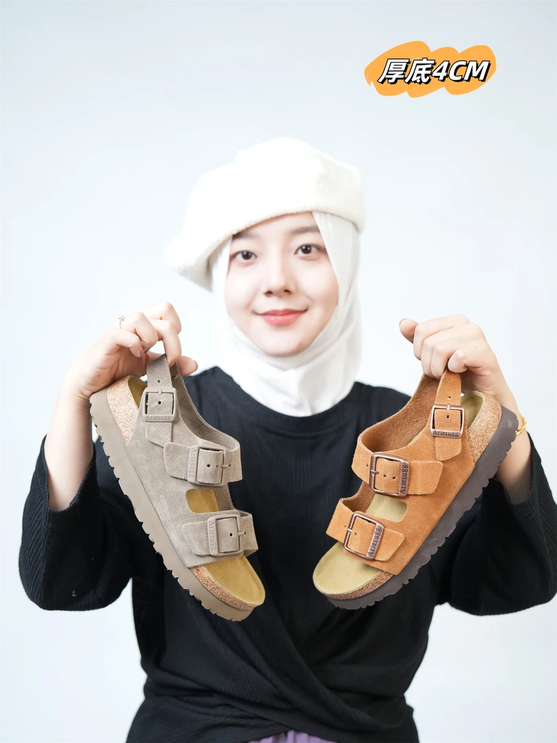 Ariesugg【桑坡小阳】勃肯二字厚底4CM外穿露趾夏季增高全皮软木鞋