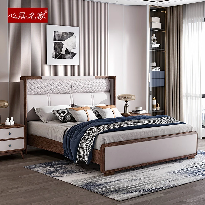 实木床双人轻奢新中式进口楠木卧室家具头层真皮软包床1.8米