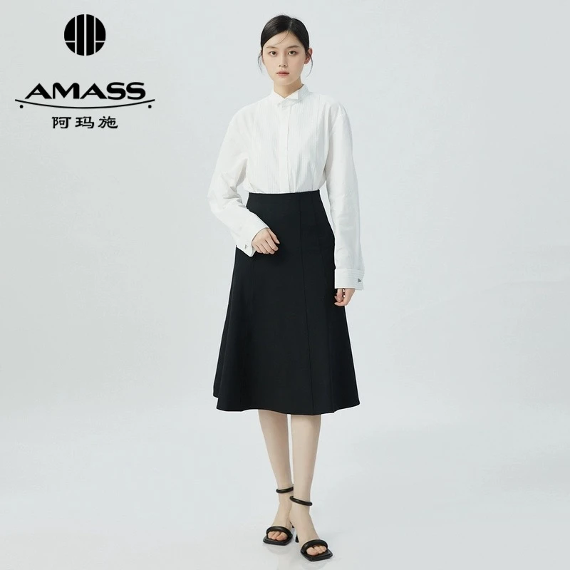 AMASS阿玛施新款简约纯色气质百搭长款半身裙5200406