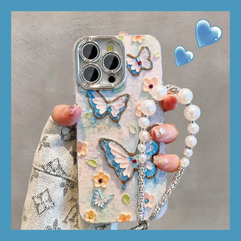 蓝光点钻油画蝴蝶花朵适用苹果15手机壳iPhone14镜头膜13挂绳新款