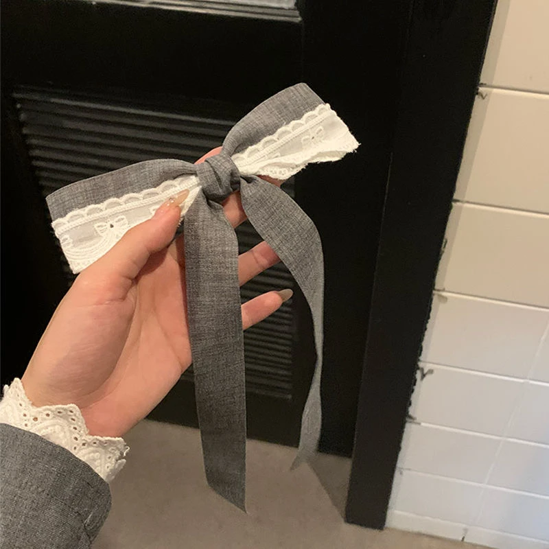 质感格雷系灰色蕾丝拼接蝴蝶结发夹气质飘带半扎发鸭嘴夹