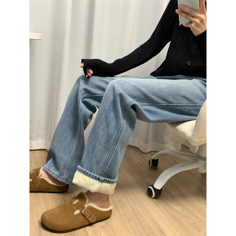 175高个子加长170冬季加绒加厚牛仔裤女高腰显瘦浅蓝色直筒拖地裤