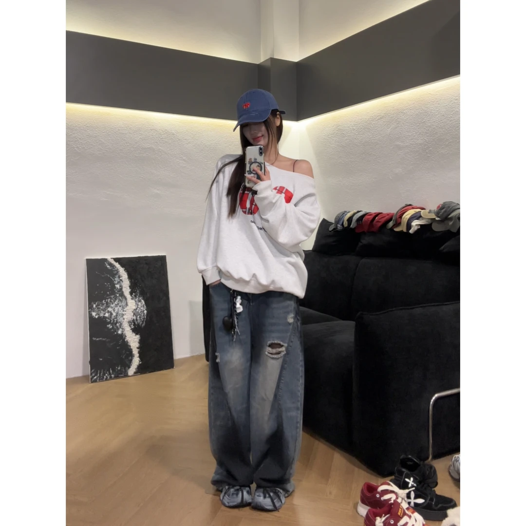 美式复古水洗直筒破洞倒装牛仔裤女设计感宽松阔腿擦黑脏裤子