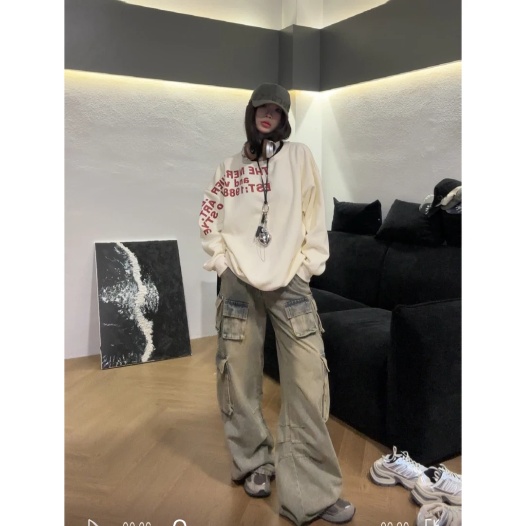 黄泥色多口袋水洗做旧复古设计感阔腿裤子春夏高街宽松牛仔裤女潮