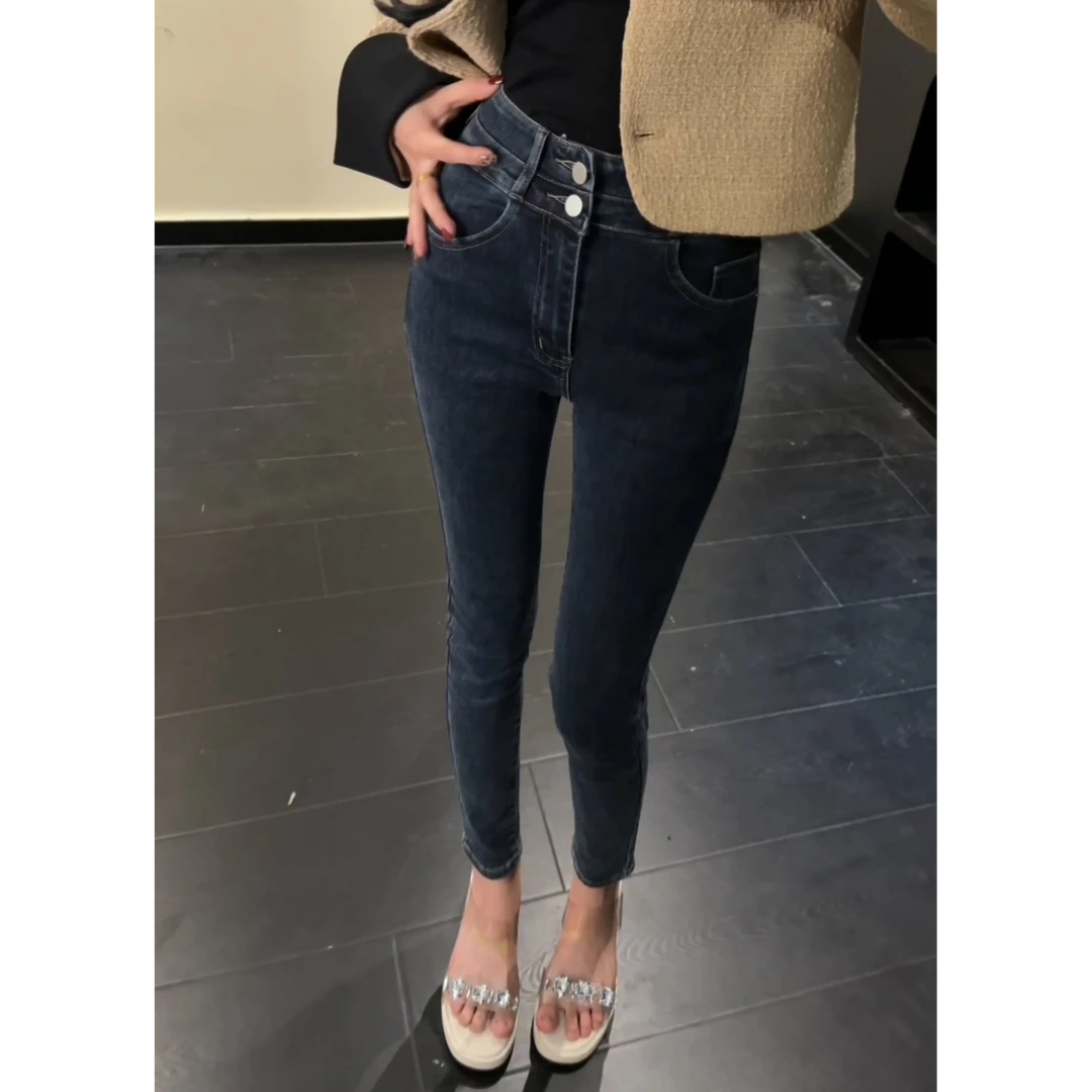 蓝灰色牛仔裤女2024年秋冬新款双扣显瘦弹力紧身九分铅笔小脚裤