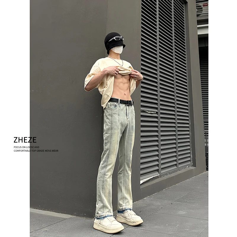 水洗做旧撞色黄泥牛仔裤男款修身直筒美式高街vibe裤子修身微喇裤