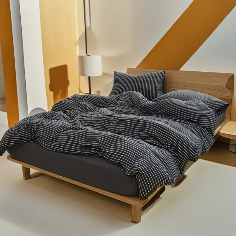 天竺棉无印风裸睡日式高档良品柔软亲肤针织条纹全棉四件套简约