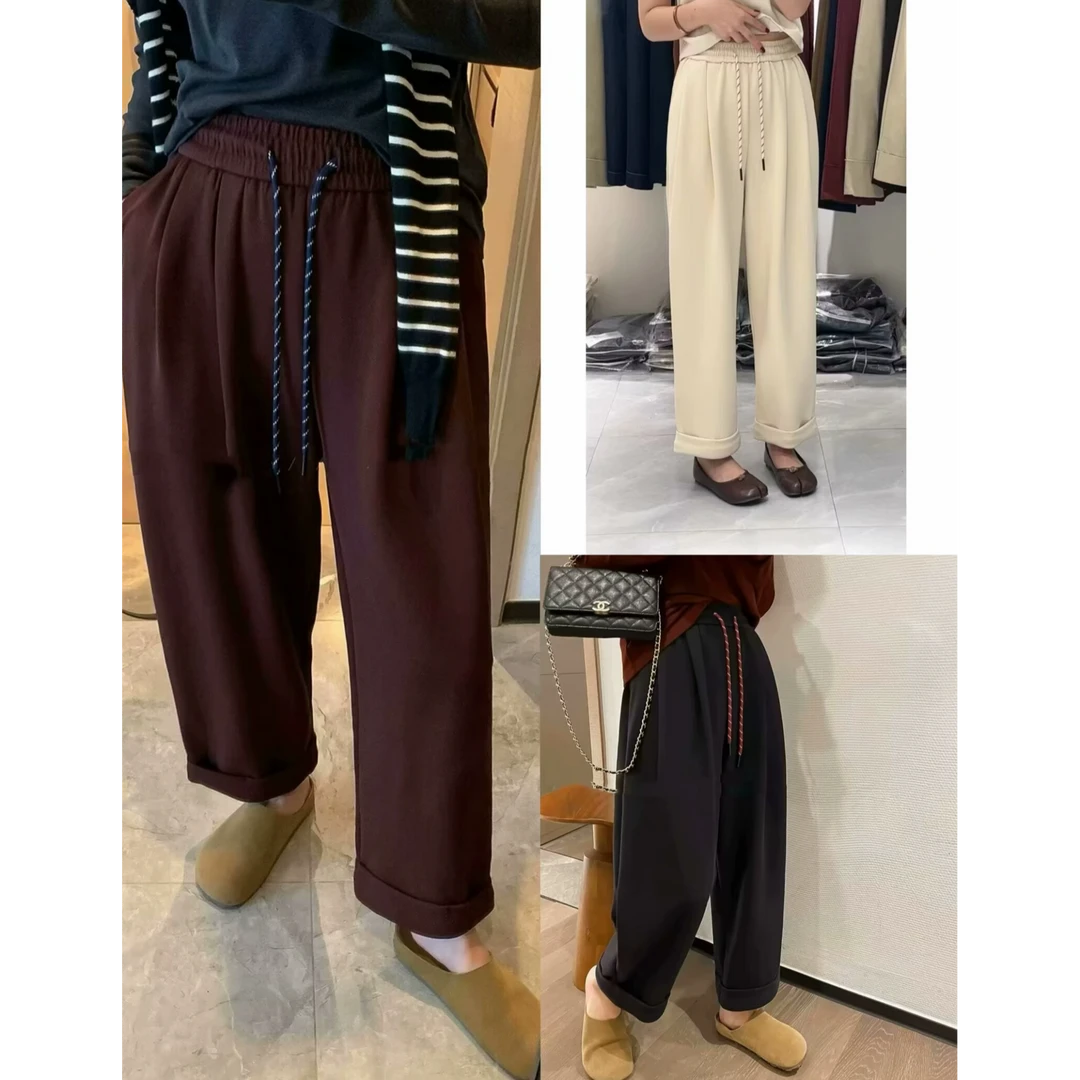 韩国东大门早春新款松紧腰抽绳百搭直筒阔腿裤女垂感休闲长裤ins