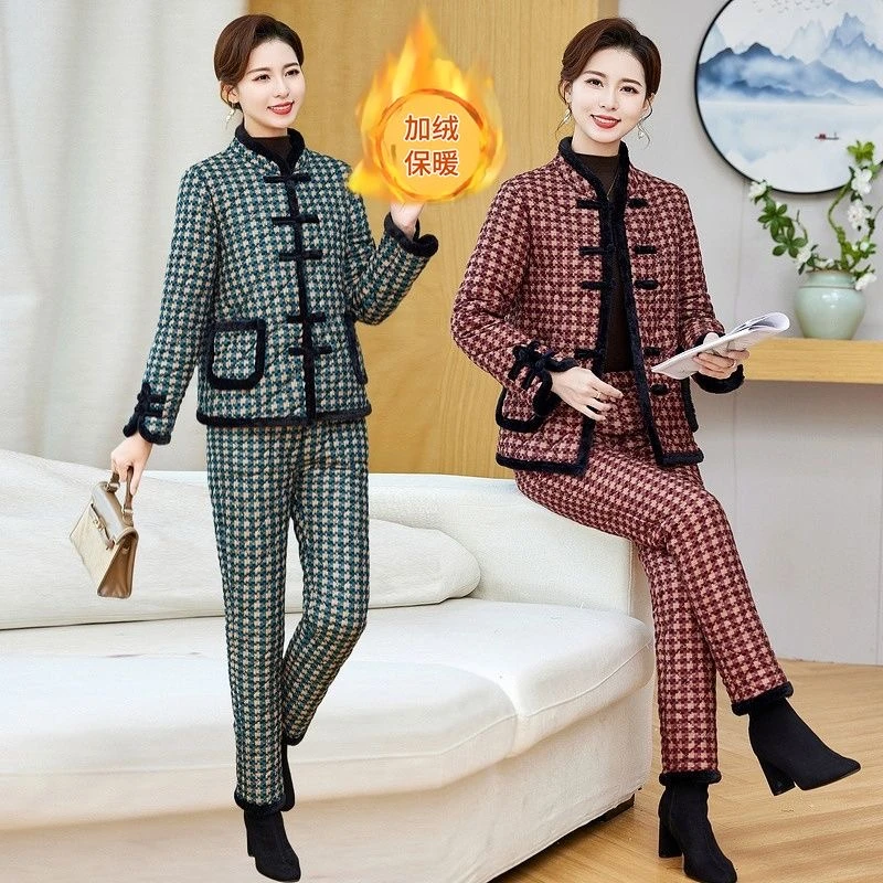 洋气妈妈冬季新款新中式棉袄棉裤两件套女士复古加绒加厚棉衣套装