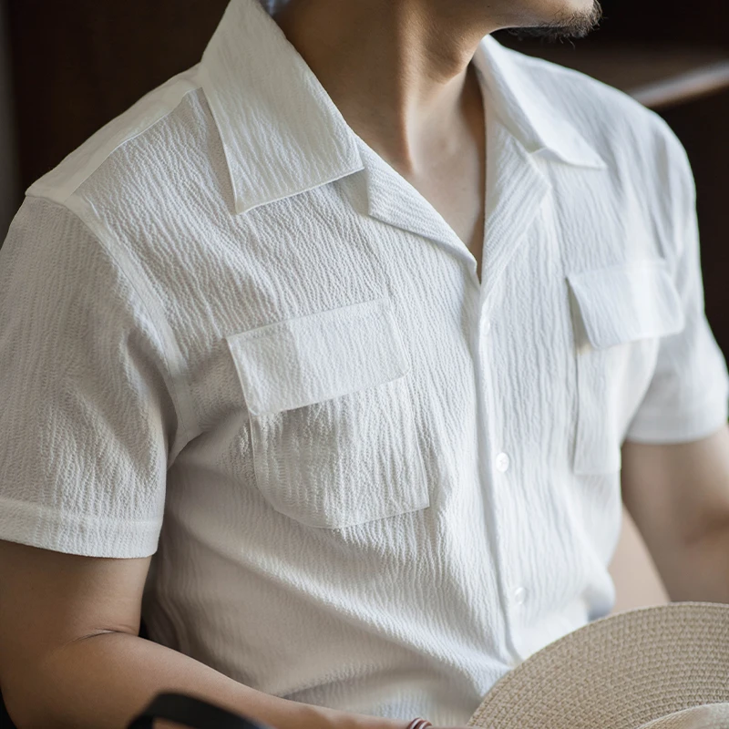 意式休闲古巴领衬衣男士夏季复古百搭泡泡纱衬衣短袖绅士复古
