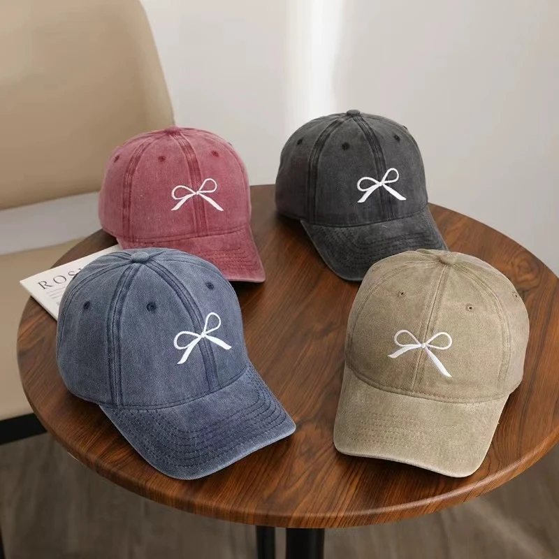 蝴蝶结刺绣棒球帽时尚休闲百搭韩版牛仔遮阳做旧复古宽帽檐鸭舌帽