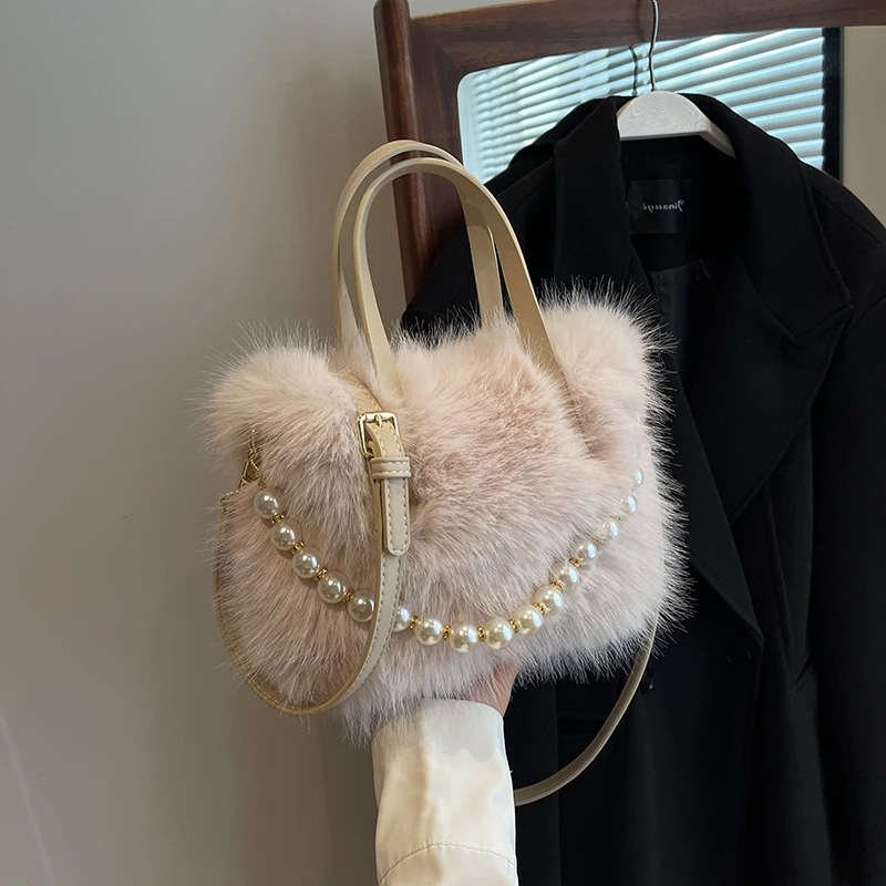 仙茉毛茸茸手提小包包女款爆款2023新款时尚珍珠毛毛小方包斜挎包