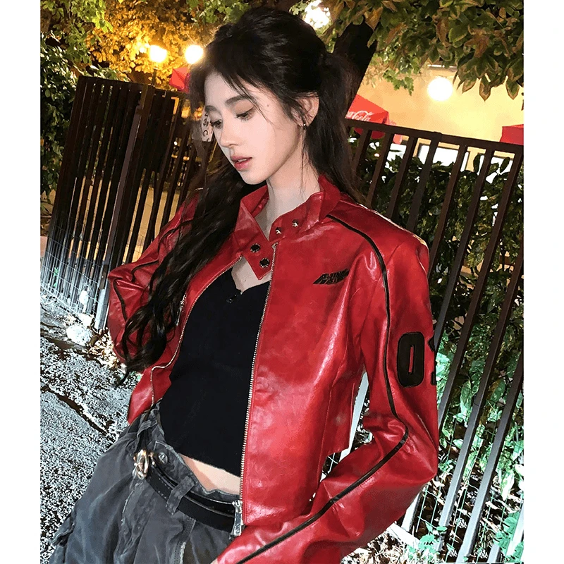 鞠婧祎明星同款美式复古红色皮衣夹克外套女新款气质高级感朋克风