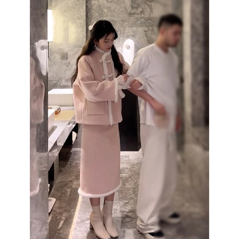粉色新中式国风盘扣毛呢两件套装裙女冬季新款气质温柔减龄奶乖系