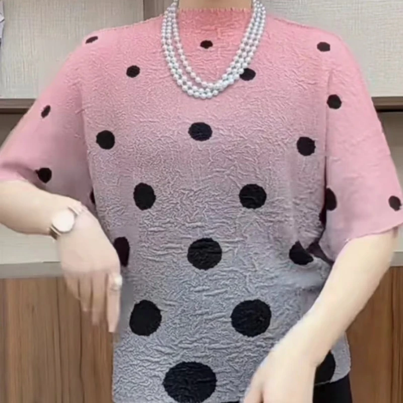 皇姿秀女装2025新款褶皱时尚气质洋气蓝色夏季波点短袖T恤上衣