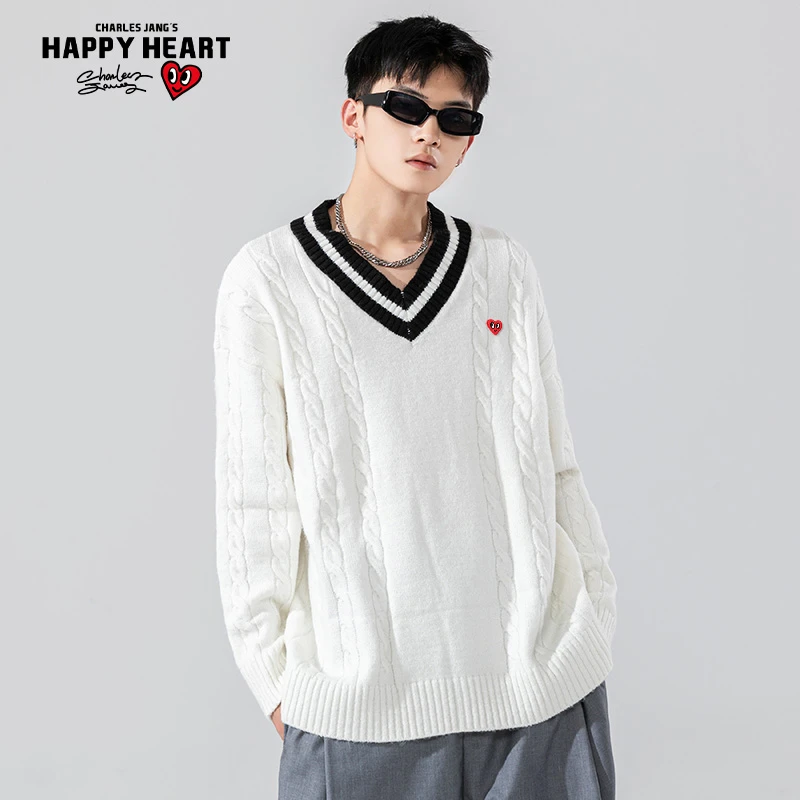 查尔斯桃心  V领针织撞色毛衣秋冬宽松内搭上衣复古校园港风