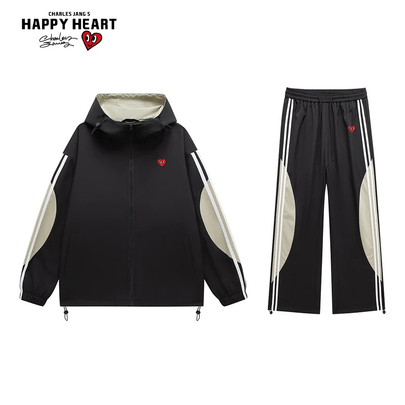 查尔斯桃心  撞色拼连帽卫衣接套装男女同款情侣潮流高领休闲两