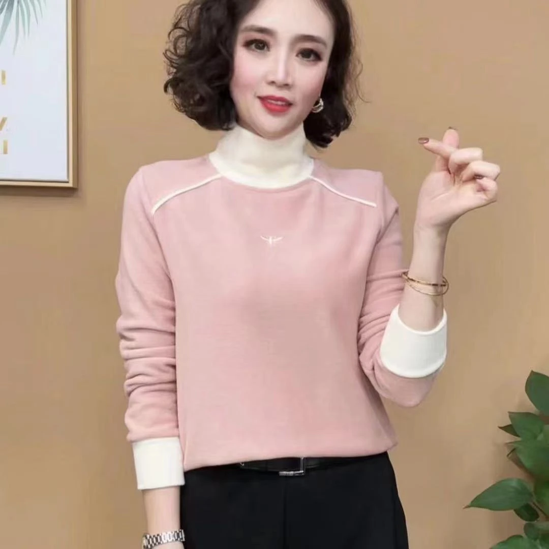 春季新品时尚洋气百搭拼接双面绒保暖长袖女士打底衫上衣妈妈小衫